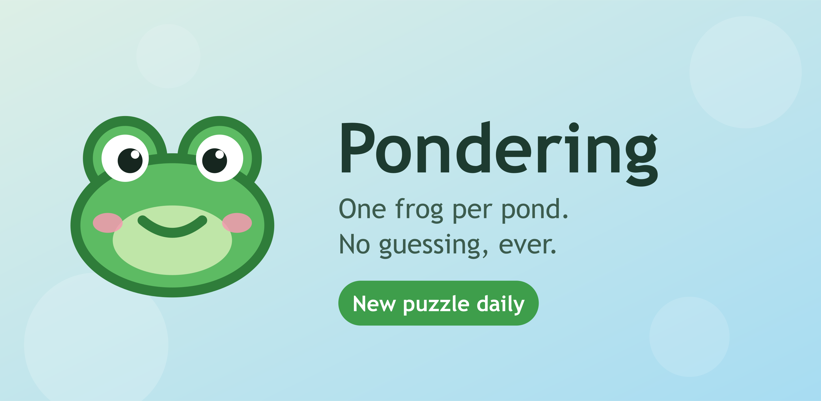 Pondering game artwork with its frog mascot and one-frog-per-pond concept